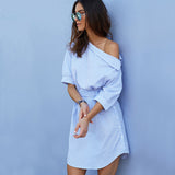 One Shoulder Blue Striped Women Dress