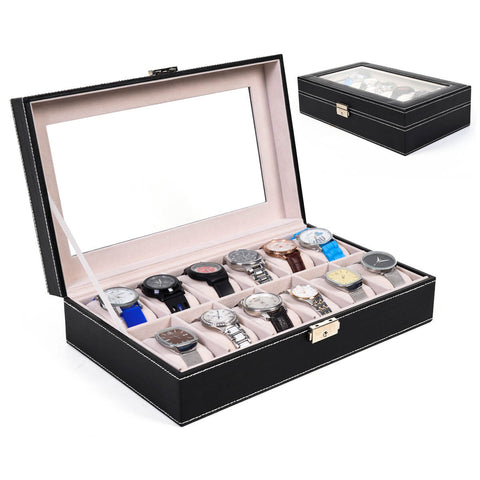 12 Slot Watch Box Display Organizer Glass Top Jewelry Storage Christmas Gift