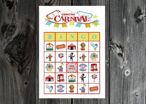 Circus Carnival Birthday Party Game Bingo Cards on Card Stock 10/20/30ct