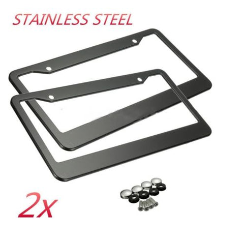 2PCS BLACK STAINLESS STEEL METAL LICENSE PLATE FRAME TAG COVER SCREW CAPS