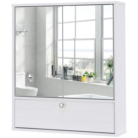 Bathroom Cabinet Double Mirror Door Wall Mount Storage Wood Shelf White