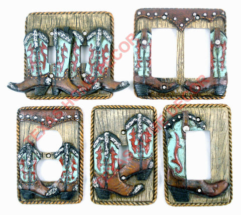 Western Boot Light Switch Plate Covers Turquoise Rope Edge Rustic Decor