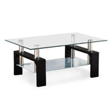 Modern Rectangular Black Glass Chrome Coffee Table w/Shelf Living Room Furniture