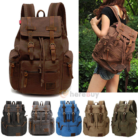 Men Women Vintage Army Canvas Backpack Rucksack School Hiking Bag