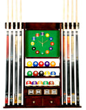 Cue Rack Only - 8 Pool - Billiard Stick & Ball Wall Rack W Clock Mahogany Finish