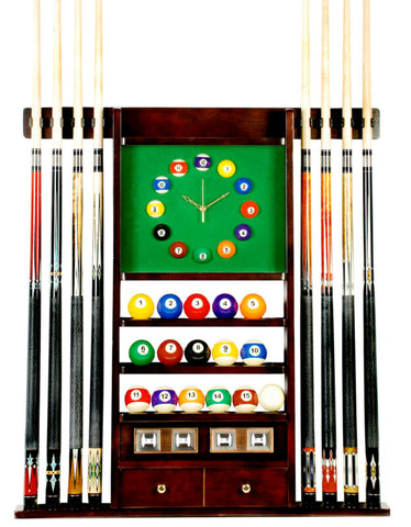 Cue Rack Only - 8 Pool - Billiard Stick & Ball Wall Rack W Clock Mahogany Finish