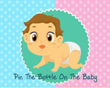 Baby Shower Game PIN THE BOTTLE ON THE BABY Party Fun Blindfold Baby Poster