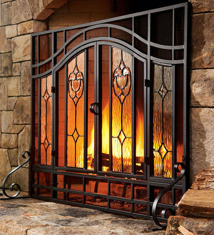 2-Door Floral Fireplace Fire Screen with Beveled Glass Panels, Black