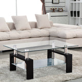 Modern Rectangular Black Glass Chrome Coffee Table w/Shelf Living Room Furniture