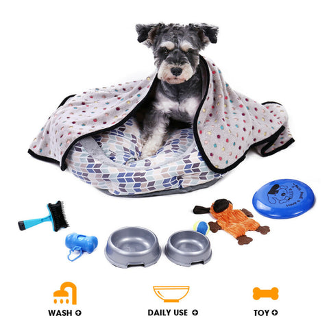 Dog Toy Set Pet Bed Glove Blanket Ball Brush Feeding Bowl Training Interactive