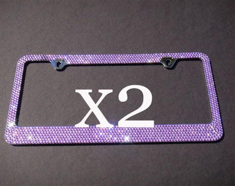 2 PCS 7 Rows PURPLE Bling Diamond Crystal Metal License Plate Frame+Caps