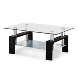 Modern Rectangular Black Glass Chrome Coffee Table w/Shelf Living Room Furniture