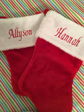 CHRISTMAS STOCKINGS PERSONALIZED NAMES MONOGRAMMED PLUSH RED & WHITE CUSTOM NAME