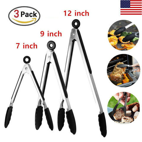 3 Set Silicone Barbeque Tongs Stainless Steel Kitchen BBQ Tool Locking Non-Toxic