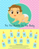 Baby Shower Game PIN THE BOTTLE ON THE BABY Party Fun Blindfold Baby Poster