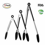 3 Set Silicone Barbeque Tongs Stainless Steel Kitchen BBQ Tool Locking Non-Toxic