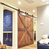 12Ft Black Antique Style Double Sliding Barn Door Wood Hardware Kit Track Set