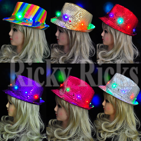 LED Fedora Hat Light-Up Sequins Mens Womens Kids Black Novelty Party Accessories