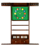 Cue Rack Only - 8 Pool - Billiard Stick & Ball Wall Rack W Clock Mahogany Finish