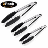 3 Set Silicone Barbeque Tongs Stainless Steel Kitchen BBQ Tool Locking Non-Toxic