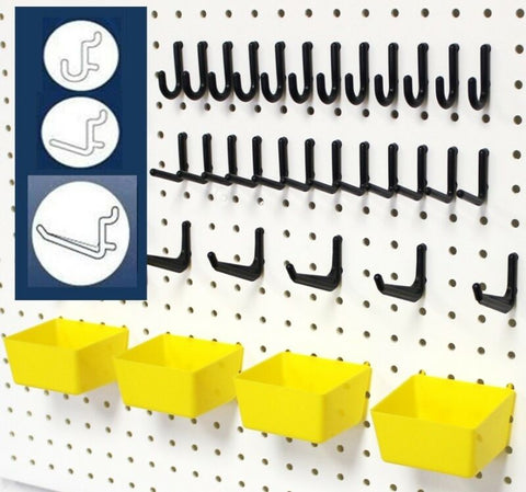 WallPeg 43 pc Peg Hook Kit & Plastic Bins - Pegboard Assortment Organizer 43YB