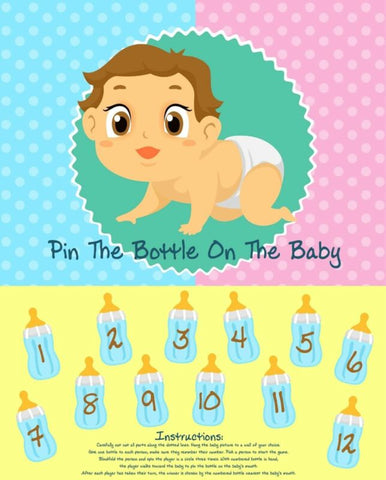Baby Shower Game PIN THE BOTTLE ON THE BABY Party Fun Blindfold Baby Poster